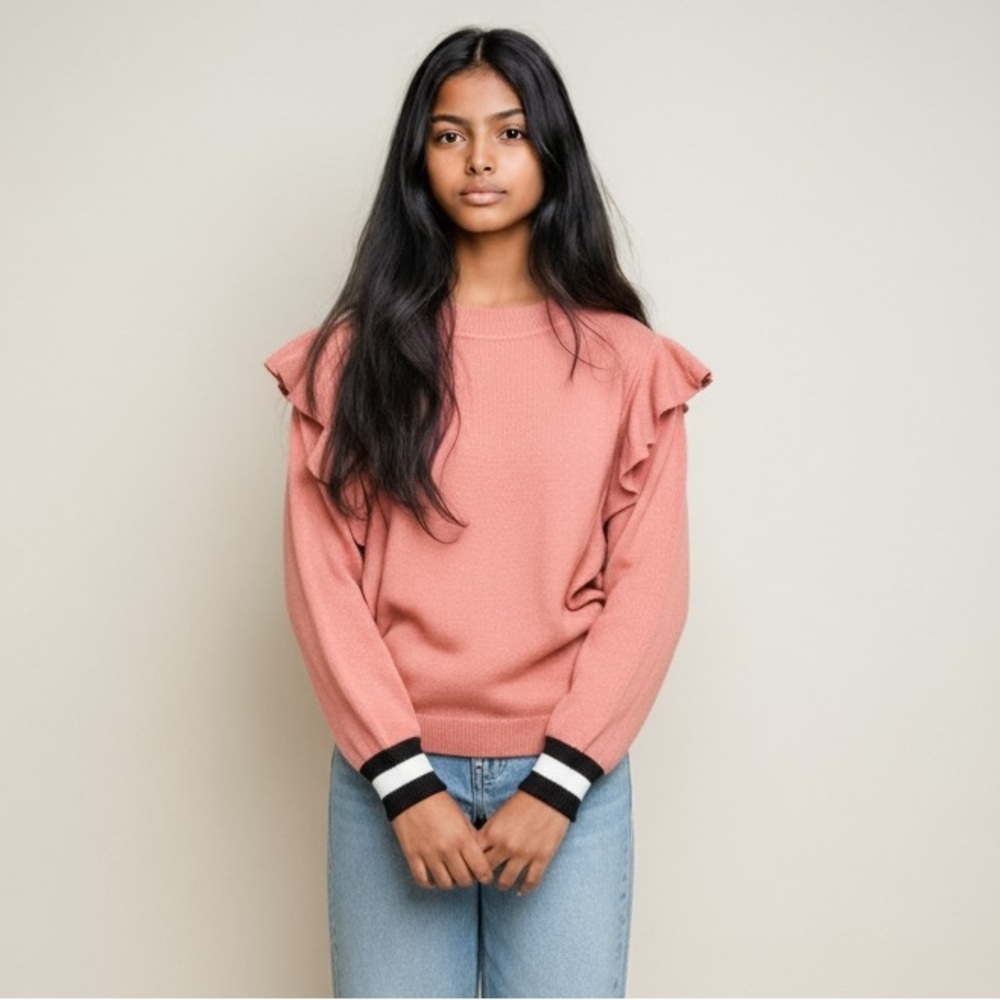 Flawless Pink Ruffle Sweater with Varsity Stripe Detail